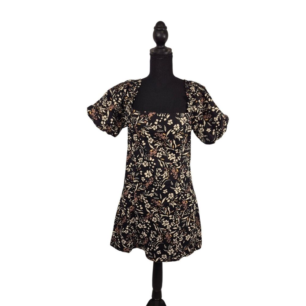 Lost + Wander Women's Mini Dress Size L Black Floral Puff Sleeve Off-Shoulder